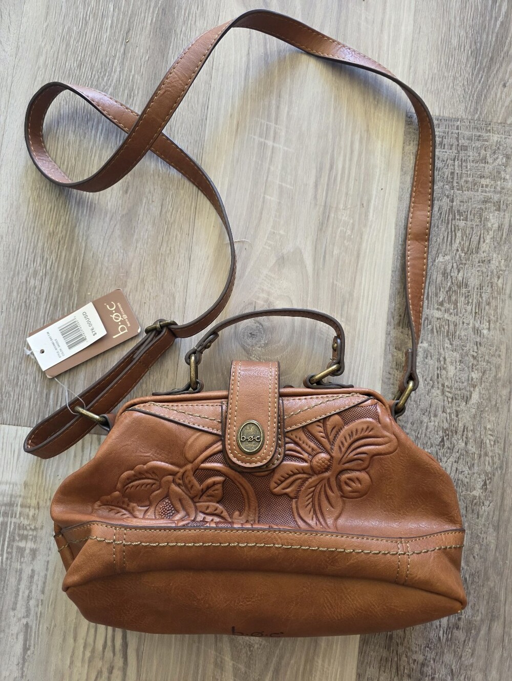 NWT B.O.C Floral Tooled Brown Leather Saddle Bag